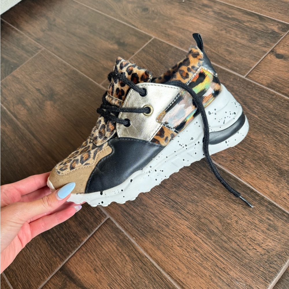 Leopard Print Kids Sneakers with Silver Accents